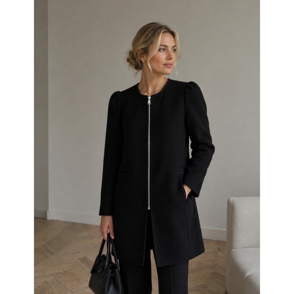 H&M Women's Black Trench Coat with Gold Zipper Size 2 Clean Girl Minimalist